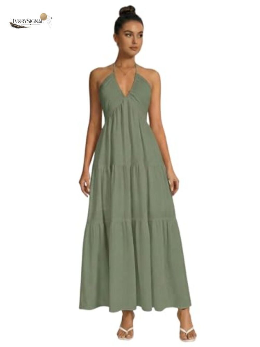 Women's Halter Maxi Dress Backless V Neck Sleeveless Tiered Flowy Beach Sundress